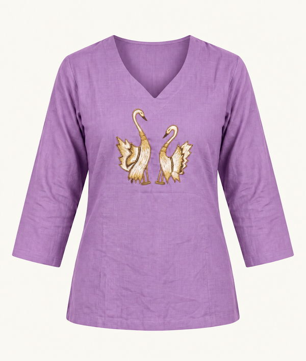 Artisanal Dhabu Cotton Floral Tunic Kurti ( Light Purple)