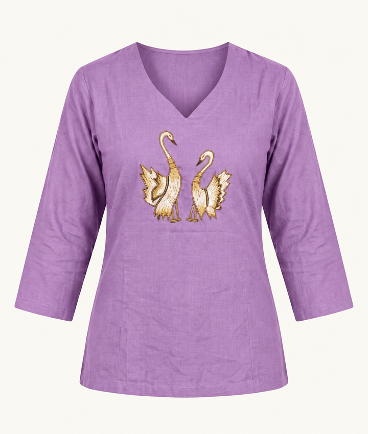 Artisanal Dhabu Cotton Floral Tunic Kurti ( Light Purple)