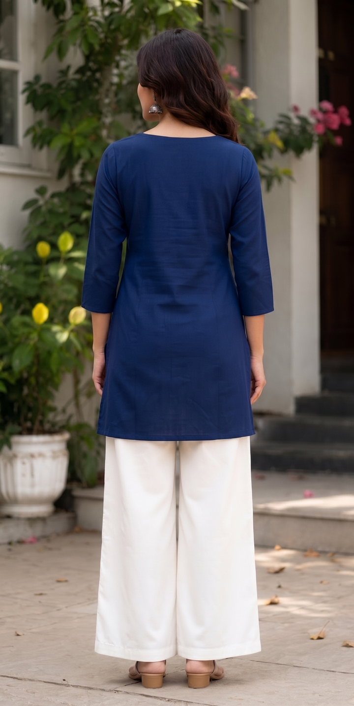Artisanal Dhabu Cotton Floral Tunic Kurti (Navy Blue)