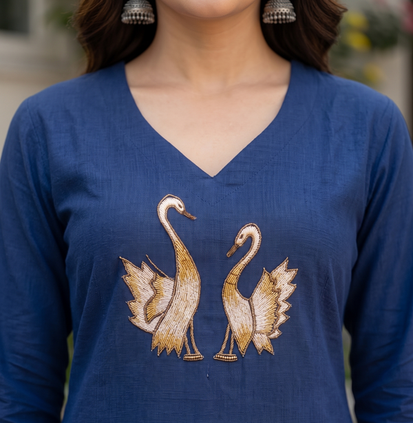 Artisanal Dhabu Cotton Floral Tunic Kurti (Navy Blue)