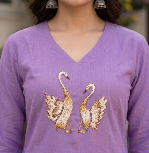 Artisanal Dhabu Cotton Floral Tunic Kurti ( Light Purple)