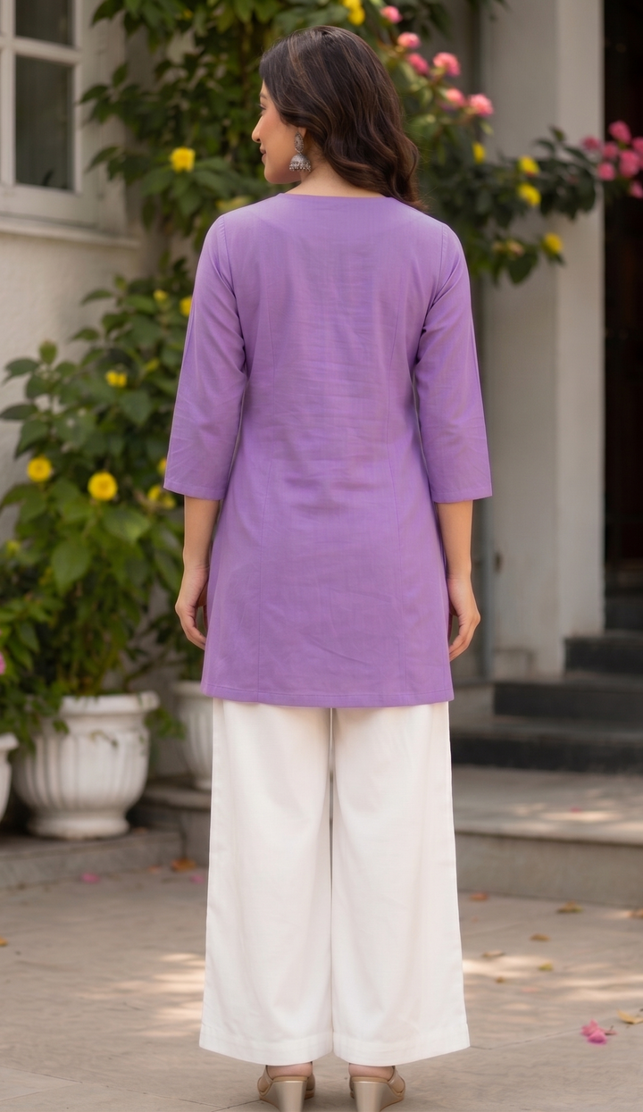 Artisanal Dhabu Cotton Floral Tunic Kurti ( Light Purple)
