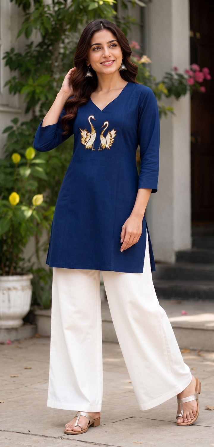 Artisanal Dhabu Cotton Floral Tunic Kurti (Navy Blue)